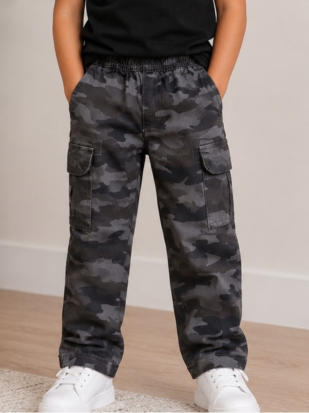 Place Boys' Camo Cargo Pants - Black & Gray